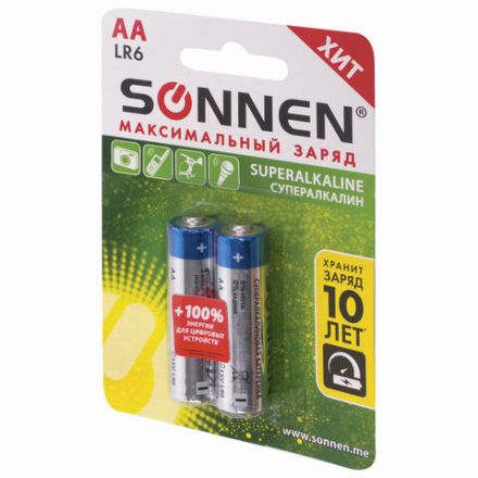 Батарейки КОМПЛЕКТ 2 шт., SONNEN Super Alkaline, АА(LR6,15А), алкалиновые, пальчиковые, в блистере, 451093 Батарейки КОМПЛЕКТ 2 шт., SONNEN Super Alkaline, АА(LR6,15А), алкалиновые, пальчиковые, в блистере, 451093