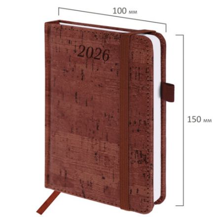 Ежедневник датированный 2026 МАЛЫЙ ФОРМАТ 100х150 мм, А6, BRAUBERG "Wood", под кожу, коричневый, 117263