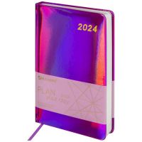 Ежедневник датированный 2024 А5 138x213 мм, BRAUBERG "Holiday", под кожу, "зеркальный", фиолетовый, 114844