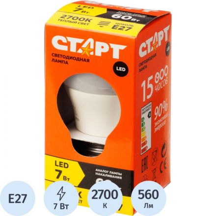 Лампа светодиодная Старт 7Вт E27 шарообразная 2700k теплый белый свет Лампа светодиодная Старт 7Вт E27 шарообразная 2700k теплый белый свет