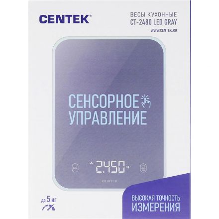 Весы кухонные Centek CT-2480 LED GRAY,150х15х205мм,max 5кг,шаг 1г Весы кухонные Centek CT-2480 LED GRAY,150х15х205мм,max 5кг,шаг 1г