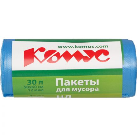 Мешки для мусора ПНД 30л 12мкм 30шт/рул синие 50x60см Комус