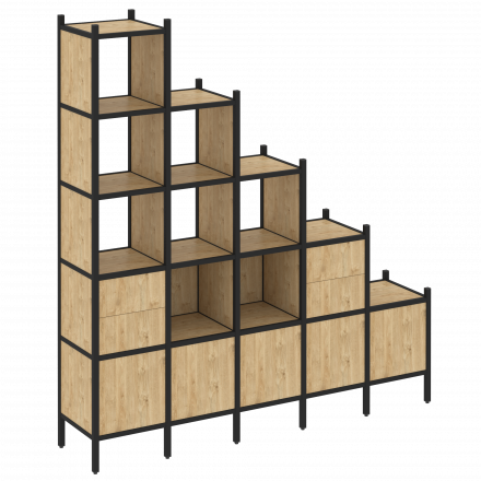 Loft Прямой стеллаж наборный VR.L-23 Тиквуд светлый/Чёрный металл 2110*446*2280 Loft Прямой стеллаж наборный VR.L-23 Тиквуд светлый/Чёрный металл 2110*446*2280