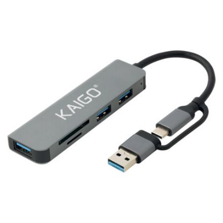 USB-хаб KG-089, Type-C 3.2 + адаптер USB-A 3.2, высокоскоростной, 5в1, 1хUSB-A 3.2, 2xUSB-A 2.0, 2xSD/TF 2.0, 135 мм, серый, KAIGO, 355067