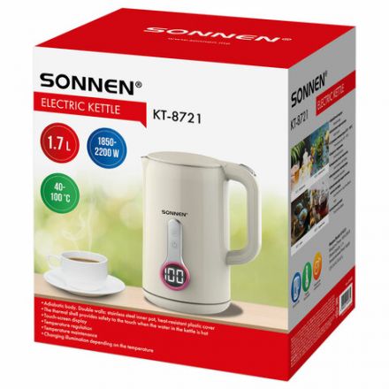 Чайник с терморегулятором и дисплеем, ДВОЙНЫЕ СТЕНКИ, SONNEN KT-8721, 1,7 л, 2200 Вт, бежевый, 454688 Чайник с терморегулятором и дисплеем, ДВОЙНЫЕ СТЕНКИ, SONNEN KT-8721, 1,7 л, 2200 Вт, бежевый, 454688