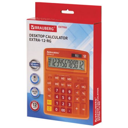 Калькулятор настольный BRAUBERG EXTRA-12-RG (206x155 мм), 12 разрядов, двойное питание, ОРАНЖЕВЫЙ, 250485 Калькулятор настольный BRAUBERG EXTRA-12-RG (206x155 мм), 12 разрядов, двойное питание, ОРАНЖЕВЫЙ, 250485