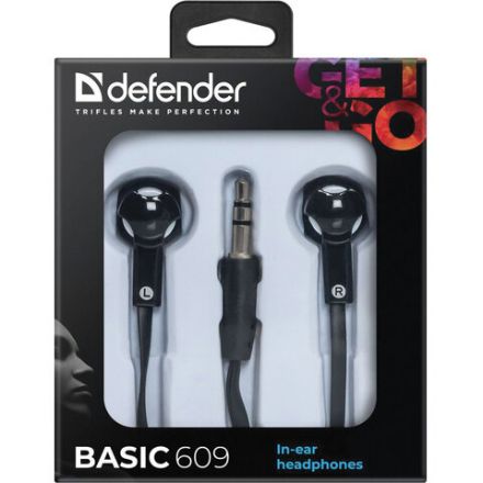 Наушники DEFENDER Basic 609, проводные, 1,1 м, стерео, вкладыши, черные, 63609 Наушники DEFENDER Basic 609, проводные, 1,1 м, стерео, вкладыши, черные, 63609