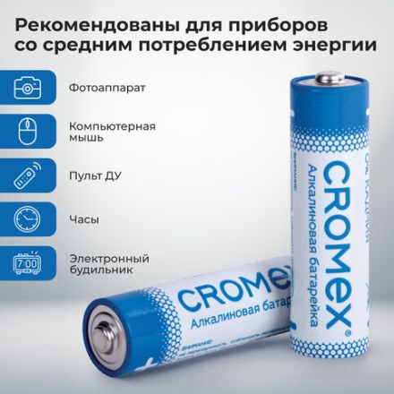 Батарейки алкалиновые "пальчиковые" КОМПЛЕКТ 2 шт., CROMEX (КРОМЕКС) Alkaline, АА (LR6, 15А), блистер, 457128