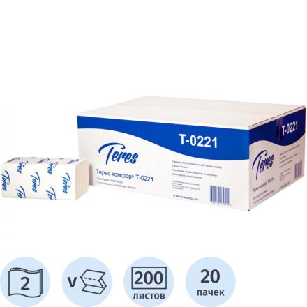 Полотенца бумажные листовые Терес Комфорт V-сложения 2-слойные 20 пачек по 200 листов (артикул производителя Т-0221) Полотенца бумажные листовые Терес Комфорт V-сложения 2-слойные 20 пачек по 200 листов (артикул производителя Т-0221)