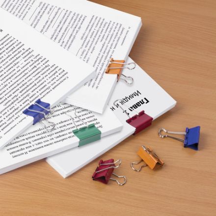 Зажимы для бумаг ОФИСМАГ, КОМПЛЕКТ 12 шт., 32 мм, на 140 листов, цветные, картонная коробка, 226765