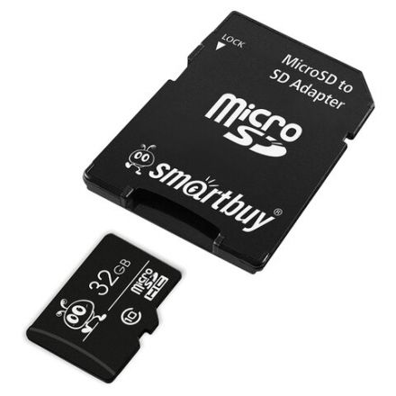 Карта памяти micro SDHC, 32 GB, SMARTBUY, 10 Мб/сек. (class 10), с адаптером, SB32GBSDCL10-01