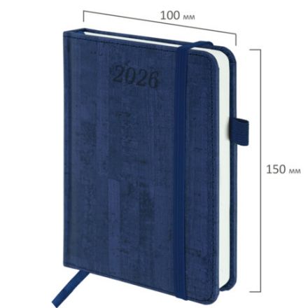 Ежедневник датированный 2026 МАЛЫЙ ФОРМАТ 100х150 мм, А6, BRAUBERG "Wood", под кожу, синий, 117264