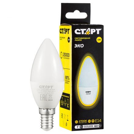Лампа светодиодная Старт LED, серия "WS" 7W30, тип С "свеча", E14, 2700К, теплый свет, 25000ч Лампа светодиодная Старт LED, серия "WS" 7W30, тип С "свеча", E14, 2700К, теплый свет, 25000ч