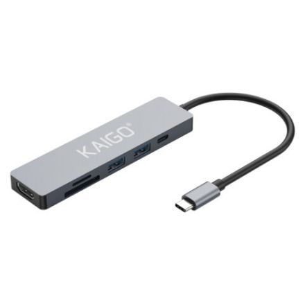 USB-хаб KG-153A, Type-C 3.2, высокоскоростной, 6в1, 1хUSB-A 3.2,1xUSB-A 2.0,2xSD/TF 2.0,1xHDMI,1xType-C PD 3.0, 150 мм, серый, KAIGO, 355068