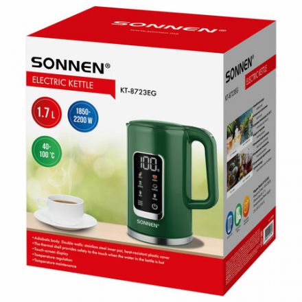 Чайник с терморегулятором и дисплеем, ДВОЙНЫЕ СТЕНКИ, SONNEN KT-8723EG, 1,7 л, 2200 Вт, изумрудный, 454689 Чайник с терморегулятором и дисплеем, ДВОЙНЫЕ СТЕНКИ, SONNEN KT-8723EG, 1,7 л, 2200 Вт, изумрудный, 454689