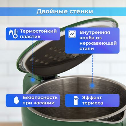 Чайник с терморегулятором и дисплеем, ДВОЙНЫЕ СТЕНКИ, SONNEN KT-8723EG, 1,7 л, 2200 Вт, изумрудный, 454689 Чайник с терморегулятором и дисплеем, ДВОЙНЫЕ СТЕНКИ, SONNEN KT-8723EG, 1,7 л, 2200 Вт, изумрудный, 454689