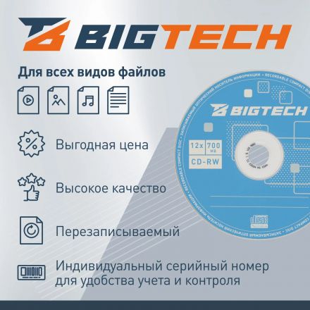 Носители информации Bigtech YCDRWB003 CD-RW/700МБ/12x/1шт конверт белый