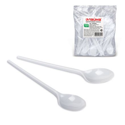 Ложка чайная одноразовая пластиковая 125 мм, белая, КОМПЛЕКТ 100 шт., БЮДЖЕТ, LAIMA, 600948