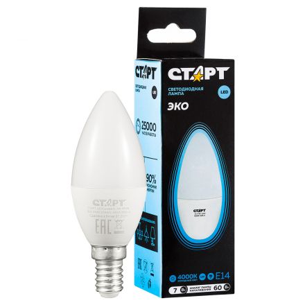 Лампа светодиодная Старт LED, серия "WS" 7W40, тип С "свеча", E14, 4000К, нейтральный свет, 25000ч Лампа светодиодная Старт LED, серия "WS" 7W40, тип С "свеча", E14, 4000К, нейтральный свет, 25000ч