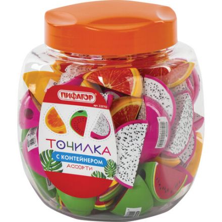 Точилка ПИФАГОР "Фрукты", с контейнером, пластиковая, ассорти, 228702 Точилка ПИФАГОР "Фрукты", с контейнером, пластиковая, ассорти, 228702