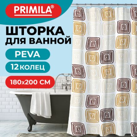Шторка для ванной PEVA, 180х200 см, кольца в комплекте, 3 дизайна ассорти, ФИГУРЫ, PRIMILA (ПРИМИЛА), 700075