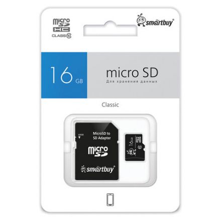 Карта памяти microSDHC, 16 GB, SMARTBUY, 10 Мб/сек. (class 10), с адаптером, SB16GBSDCL10-01