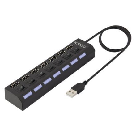 USB-хаб KG-086, USB-A 2.0, 7в1, с выключателями и LED-индикаторами, 7xUSB-A 2.0, 50 cм, черный, KAIGO, 355069