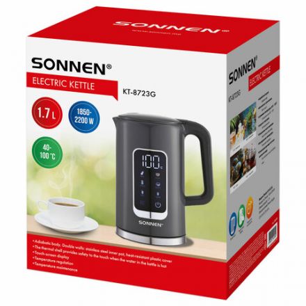 Чайник с терморегулятором и дисплеем, ДВОЙНЫЕ СТЕНКИ, SONNEN KT-8723G, 1,7 л, 2200 Вт, серый, 454690 Чайник с терморегулятором и дисплеем, ДВОЙНЫЕ СТЕНКИ, SONNEN KT-8723G, 1,7 л, 2200 Вт, серый, 454690