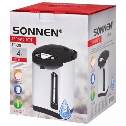 Термопот SONNEN TP-38, 4 л, 900 Вт, 1 температурный режим, 3 режима подачи воды, сталь, черный/серебро, 456710 Термопот SONNEN TP-38, 4 л, 900 Вт, 1 температурный режим, 3 режима подачи воды, сталь, черный/серебро, 456710