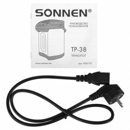Термопот SONNEN TP-38, 4 л, 900 Вт, 1 температурный режим, 3 режима подачи воды, сталь, черный/серебро, 456710 Термопот SONNEN TP-38, 4 л, 900 Вт, 1 температурный режим, 3 режима подачи воды, сталь, черный/серебро, 456710