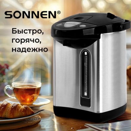Термопот SONNEN TP-38, 4 л, 900 Вт, 1 температурный режим, 3 режима подачи воды, сталь, черный/серебро, 456710 Термопот SONNEN TP-38, 4 л, 900 Вт, 1 температурный режим, 3 режима подачи воды, сталь, черный/серебро, 456710