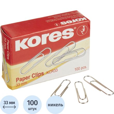 Скрепки Kores металлические никелированные 33 мм (100 штук в упаковке)