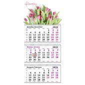 Календарь настенный 3-х блочный 2024, 305х697, Тюльпаны, 3 спир,80г/м2