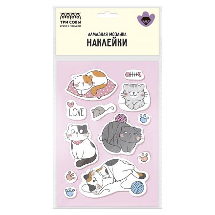 Алмазная мозаика, наклейки ТРИ СОВЫ "Котики", пакет с европодвесом