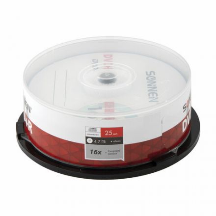 Диск DVD+R SONNEN, 4,7 Gb, 16x, Cake Box (упаковка на шпиле), КОМПЛЕКТ 25 шт., 513532