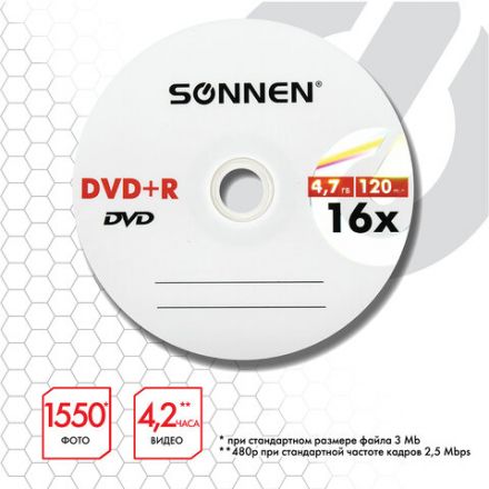 Диск DVD+R SONNEN, 4,7 Gb, 16x, Cake Box (упаковка на шпиле), КОМПЛЕКТ 25 шт., 513532