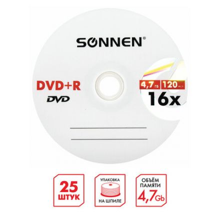 Диск DVD+R SONNEN, 4,7 Gb, 16x, Cake Box (упаковка на шпиле), КОМПЛЕКТ 25 шт., 513532