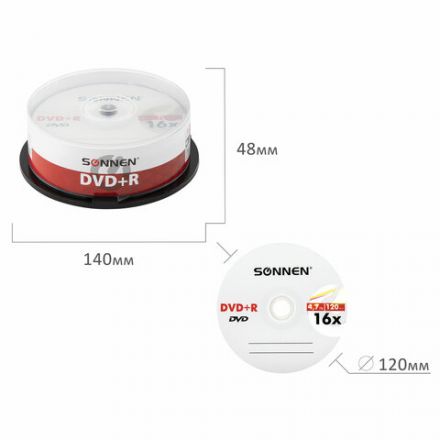 Диск DVD+R SONNEN, 4,7 Gb, 16x, Cake Box (упаковка на шпиле), КОМПЛЕКТ 25 шт., 513532