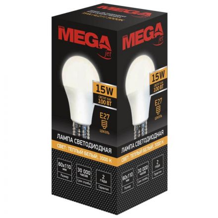 Лампа светодиодная Mega E27 15W 3000K  груша