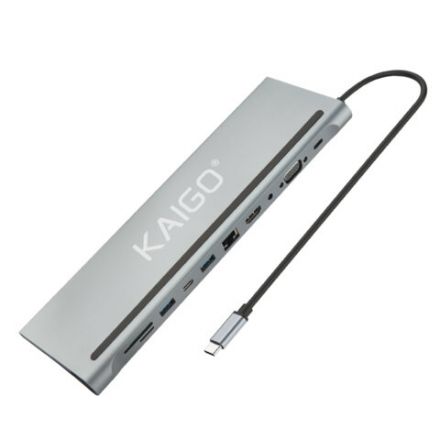 Док-станция KG-050, Type-C 3.2,высокоскор,11в1,USB-A 2.0,3.2,Type-C 3.2,Type-C PD 3.0,RJ-45,SD/TF 2.0,HDMI,VGA,AUX,250мм,серая,KAIGO, 355070