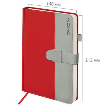 Ежедневник датированный 2026, А5, 138х213 мм, BRAUBERG "Esthetic", под кожу, держатель для ручки, застежка, красный/серый, 117371
