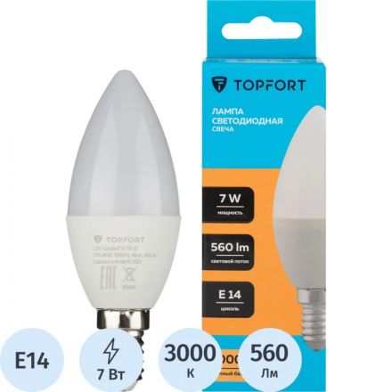 Лампа светодиодная Topfort E14 7W 3000K свеча Лампа светодиодная Topfort E14 7W 3000K свеча