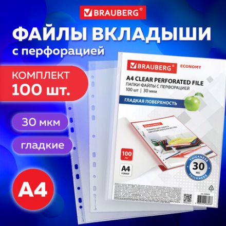Папки-файлы перфорированные А4 BRAUBERG "ECONOMY", КОМПЛЕКТ 100 шт., гладкие, 30 мкм, 229659 Папки-файлы перфорированные А4 BRAUBERG "ECONOMY", КОМПЛЕКТ 100 шт., гладкие, 30 мкм, 229659
