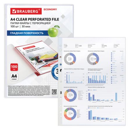 Папки-файлы перфорированные А4 BRAUBERG "ECONOMY", КОМПЛЕКТ 100 шт., гладкие, 30 мкм, 229659 Папки-файлы перфорированные А4 BRAUBERG "ECONOMY", КОМПЛЕКТ 100 шт., гладкие, 30 мкм, 229659