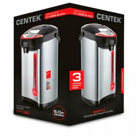 Термопот на 5 литров, 3 режима подачи воды, CENTEK CT-0082, 850 Вт, 1 температурный режим, пластик/сталь, черный, CT-0082 Black Термопот на 5 литров, 3 режима подачи воды, CENTEK CT-0082, 850 Вт, 1 температурный режим, пластик/сталь, черный, CT-0082 Black