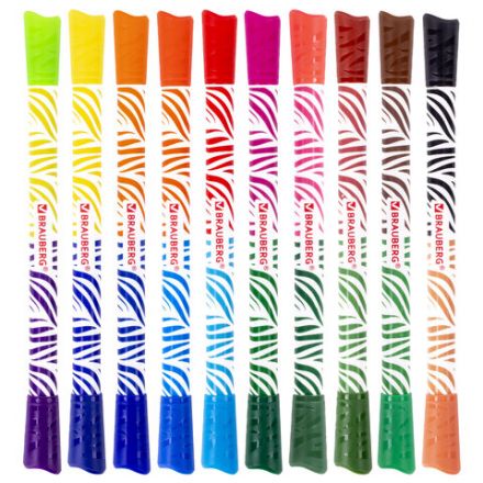 Фломастеры двусторонние утолщенные BRAUBERG "PREMIUM" "BI-COLOR", 10 шт., 20 цветов, двухцветные, вентилируемый колпачок, 151945