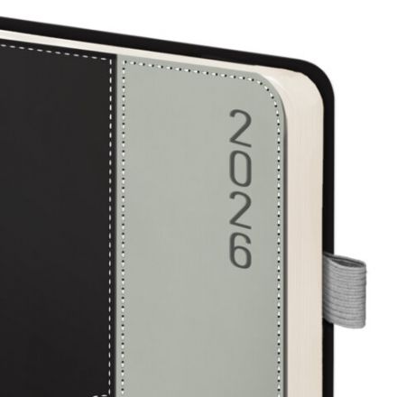 Ежедневник датированный 2026, А5, 138х213 мм, BRAUBERG "Esthetic", под кожу, держатель для ручки, застежка, черный/серый, 117372