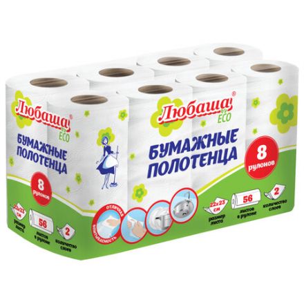Полотенца бумажные 2-х слойные, спайка 8 рулонов (8х13 м), ЛЮБАША ECO, 114743 Полотенца бумажные 2-х слойные, спайка 8 рулонов (8х13 м), ЛЮБАША ECO, 114743