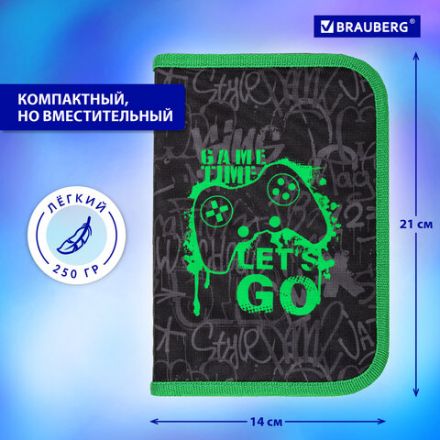Пенал BRAUBERG, 1 отделение, 2 откидные планки, полиэстер, 21х14 см, "Game time", 272321