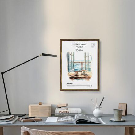 Рамка 30х40 см небьющаяся, багет 20 мм пластик, BRAUBERG "HIT3", цвет темный орех с позолотой, 391384